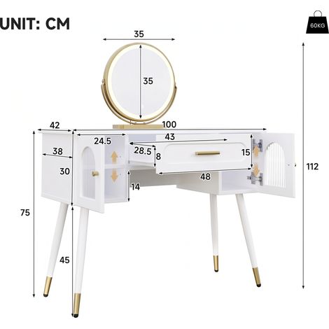 Coiffeuse, plateau rabattable, éclairage LED, 1 tiroirs, en panneaux de particules, 100 x 42 x 112 cm, blanc et doré (1/5)
