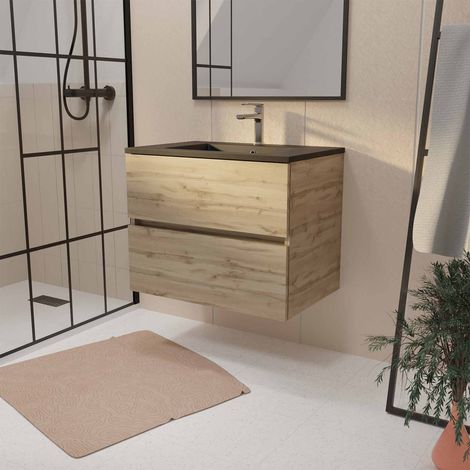 Mobile da bagno 70 cm Decor Rovere Naturale con 2 cassetti e Lavabo in ceramica nera