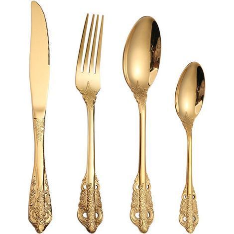 Ensemble de couverts 4 pièces - Fourchette - Cuillère - Couteau - Cuillère à café - Acier inoxydable - Goud (1/5)