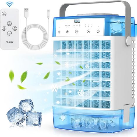 Climatiseur Mobile 4 en 1 Rafraichisseur d'air Silencieux Bleu,Double Bac 1600ml Double Nébuliseur Rideau Refroidissant Timer USB,Bureau/Camping (1/5)