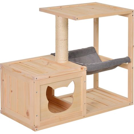 Grotte pour chat, panier avec hamac, poteau à griffer en sisal, plateforme, maison pour chat en bois, griffoir pour chats d'intérieur, 70 x 35 x 60 cm, naturel