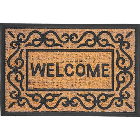 Relaxdays zerbino cocco e gomma Welcome ornamenti 60x40 cm interno/esterno antiscivolo raccoglie sporco naturale/nero (1/5)