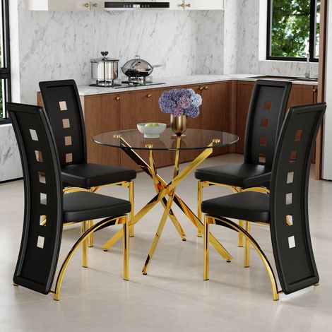 Ensemble table ronde en verre trempé 88 cm avec 4 chaises en PU noir et métal (1/5)