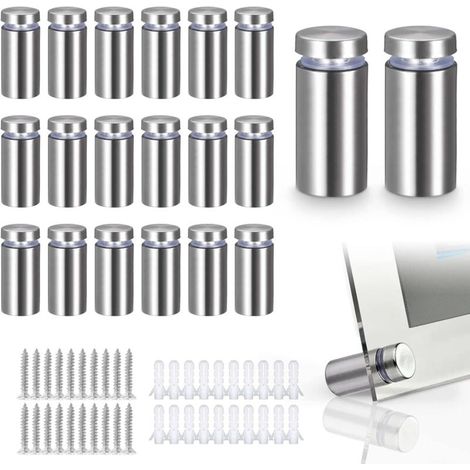 Bardusch - 20 Pcs Entretoise de Verre,Support Mural en Acier Inoxydable pour Clous Publicitaires,pour Plaques et Présentoirs de Signe (Argent) (1/2)