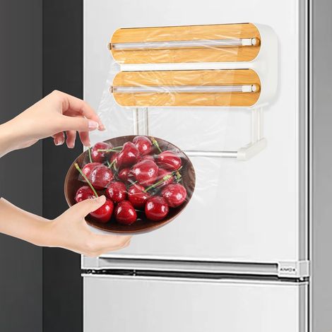 Coupeur de film plastique mural, 3 en 1 distributeur de film magnétique en aluminium porte - serviettes en papier, coupeur coulissant en acier, 37,2  21,3 cm (couleur bambou - bois) (1/5)