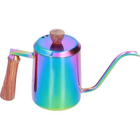 Bouilloire à café manuelle en acier inoxydable 600ml, bec long et fin, poignée en bois, design coloré (1/5)