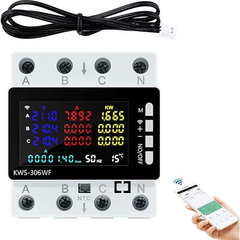 3-Phase WiFi Wattmeter 80A 220V AC Amperemeter 3 Phases 4 Conductors with Protection Against Power Failure/Over Temperature/Under Voltage/Over Current/Over Power etc. (1/5)