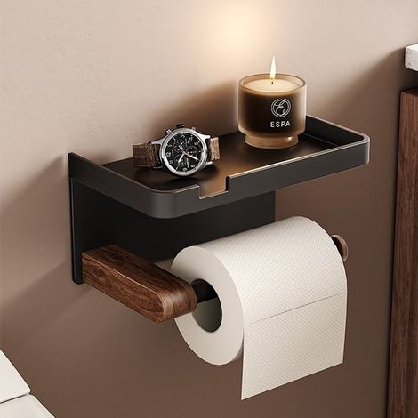 Portarotolo di carta igienica, montabile senza foratura, colore legno noce, nero (1/2)