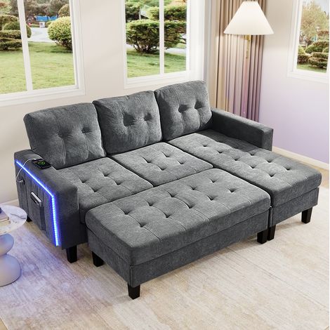 Sofá cama modular rinconero de 3 plazas con otomana móvil XXL, LED USB, 185x135x85 cm, gris (1/5)
