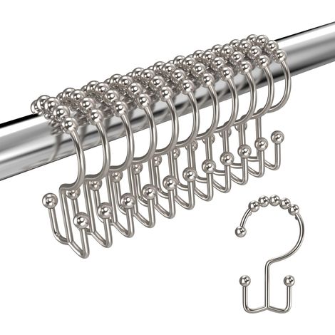 Crochets de rideau de douche, anneaux coulissants double rouleau antirouille finition nickel brossé, pour tringle et douche salle de bain, lot de 12 (1/5)