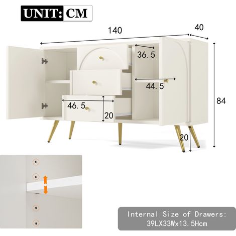 Commode blanche crème 2 portes 3 tiroirs, étagère ajustable, pour chambre salon, dimensions H84 x L140 x P40 cm