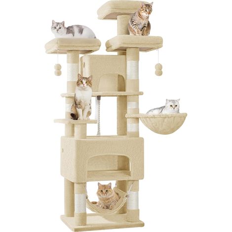 Arbre à chat 176 cm – 7 niveaux avec 3 plateformes et 2 grottes – 7 griffoirs en sisal naturel – Montage rapide et stable pour 6 chats