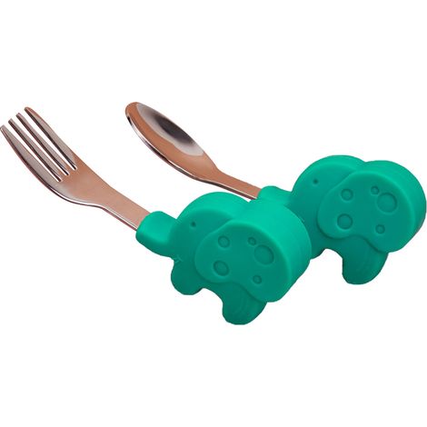 Cuillère d’apprentissage bébé en silicone et acier inoxydable, couverts pour enfants, éléphant vert. (1/5)