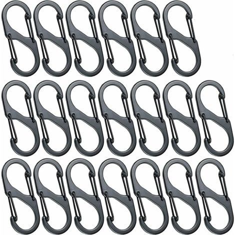 20pcs Mini Mousquetons en Forme de S Mousqueton en Alliage d'Aluminium 8 Formes Durable Léger Étanche Double Boucle pour la Maison en Plein Air Randonnée Pêche Camping Voyage Etc - Noir(30mm) (1/4)
