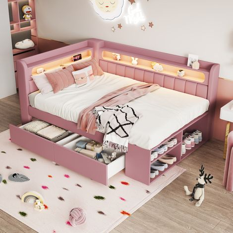 Canapé convertible rembourré 90x200 cm, USB intégré et éclairage LED, avec rangement chaussures et 2 tiroirs, teinte rose (1/5)