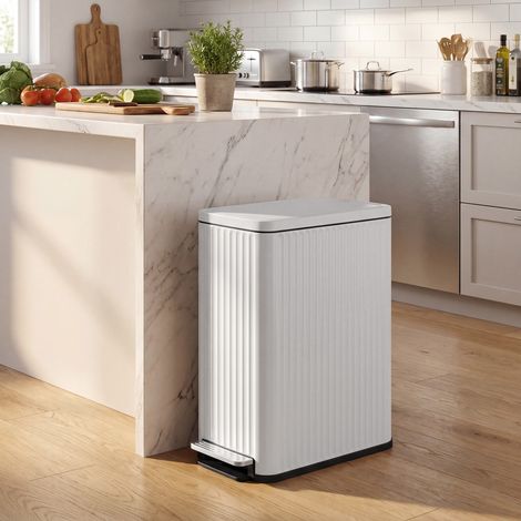 Poubelle de Cuisine 50 L, en Acier, avec Seau Amovible, Couvercle Silencieux, à Pédale, Gain de place, Blanc