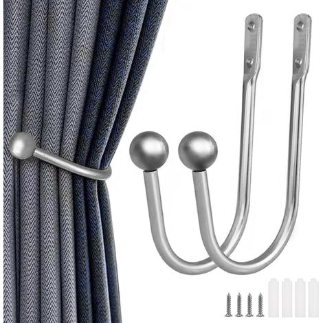 2 Stück silberne U-förmige Vorhanghaken, Vorhang-Raffhalter zum Einschrauben, Wandhaken aus Metall, für Wandvorhänge, Fenstervorhänge, Duschvorhänge