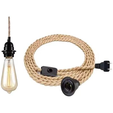 Lustre Corde de Chanvre de 4,5 Mètres - Tête Unique Suspendue Câble de Lumière Corde E27 Prise, Vintage Lustre Corde Chanvre avec Prise Interrupteur, DIY Lampe Suspension pour Maison