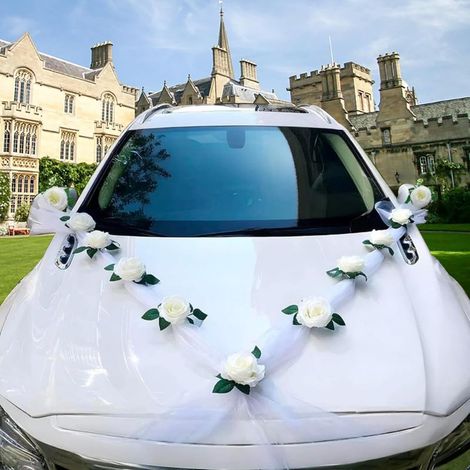Décoration Voiture Mariage Blanc, Kit de Voiture avec 11 Roses, 2 Rubans en Organza Ventouses, Décoration Capot Voiture Mariée pour Cérémonie Fête (1/5)