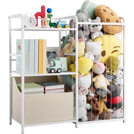 Organisateur de jouets animaux en peluche, bibliothèque enfants à 2 niveaux, meuble de rangement avec coffre à jouets en tissu, pour chambres, salles de jeux, crèches et jardins d'enfants, blanc (1/5)