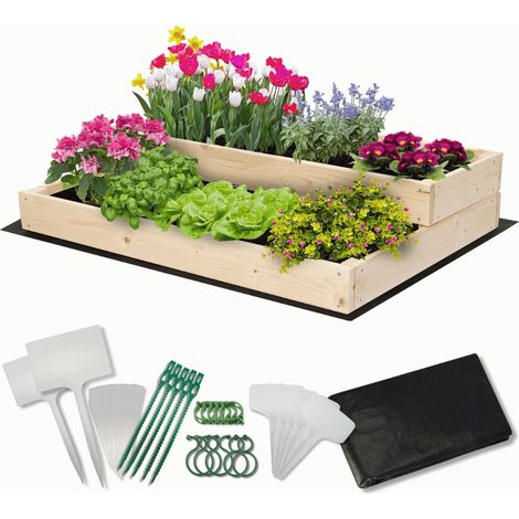 MODO24 Carré potager surélevé en bois, 2 niveaux en cascade, 18x90x63 cm, jardin/terrasse, kit jardinier inclus, naturel