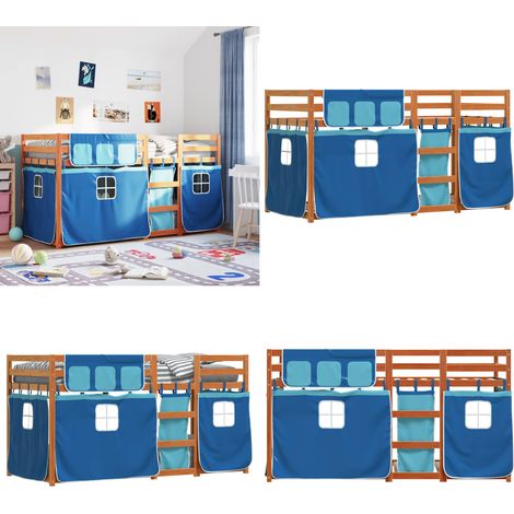 Litera con cortinas madera maciza de pino azul 90x190 cm - Litera con cortinas - Cama para niños