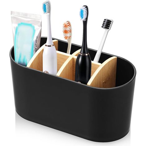 Porte-brosses à Dents, Support pour Brosse à Dents Electrique, Porte Brosse à Dents Amovible Stand Dentifrice avec 6 Cloisons en Bambou
- Noir (1/5)