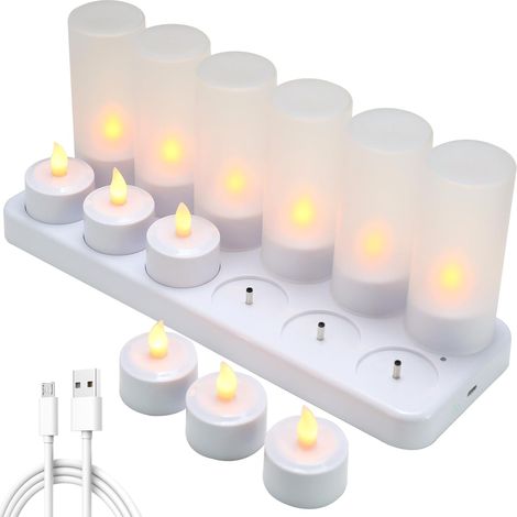 Confezione da 12 candele LED ricaricabili, candele LED elettriche con fiamma tremolante e stazione di ricarica, decorazione per Natale, compleanno, matrimonio, cena, tavolo votivo, bar, ristorante, ho (1/5)