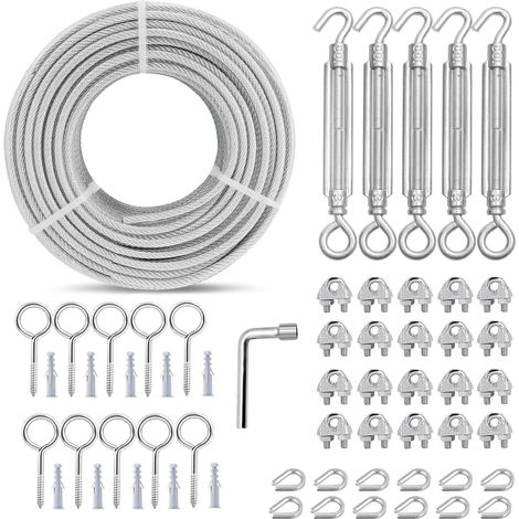 Tendeurs M6 pour câbles 3MM, Tendeur de câble en acier recouvert de PVC 30M Câble d'acier avec âme en 7×7 brins pour kit d'accrochage de Rampes de terrasse/Rampes d'escalier/Ligne à vêtement