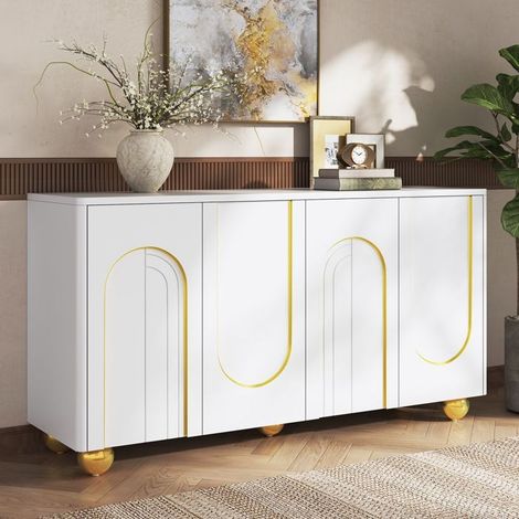 Buffet Enfilade quatre portes fonction rangement décor en lignes dorées cintrées pieds en métal de forme sphérique (1/3)
