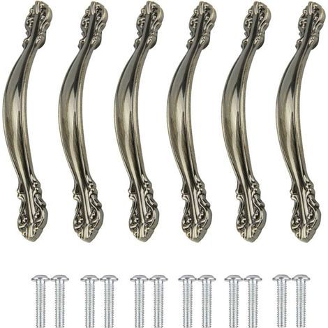 Poignées de Meuble Vintage 6 Pièces - Pour Porte, Meubles, Cuisine, Armoire, Tiroir, Placard - Sculptées en Alliage - Avec Vis, Entraxe de Trous 96mm (1/5)