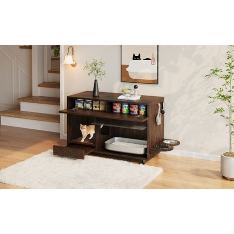 Mueble arenero para gatos 100x45,5x67 cm de MDF nogal con almacenaje para salón FloraGrace (1/5)