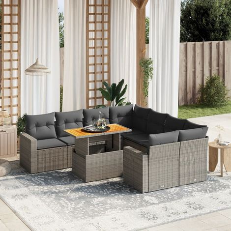 Salon de jardin modulaire 9 pièces en résine tressée grise, coussins amovibles, table à hauteur réglable. (1/3)