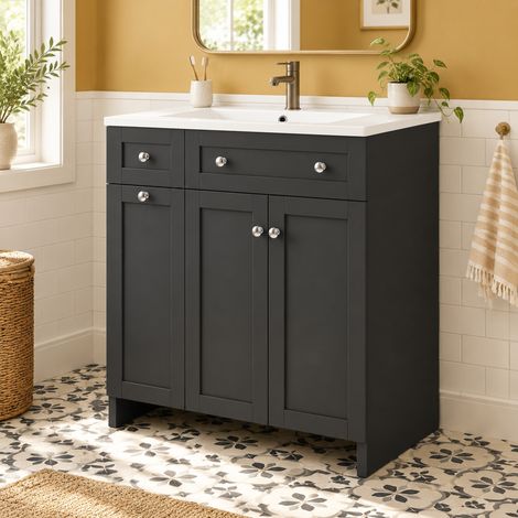 MODFU – Mueble lavabo con patas 76x47x86 cm de cerámica y MDF con lavabo, 3 cajones, compartimento lacado, carga 25 kg y 2 paquetes – Negro (1/5)