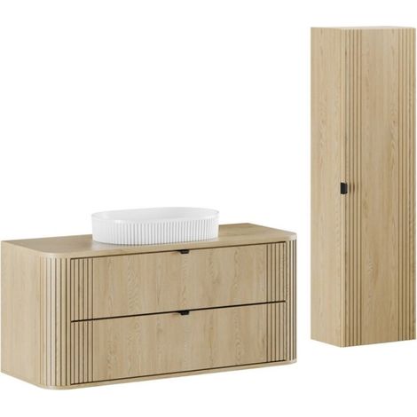 Set da bagno KORI: mobile sottolavabo 120 cm + piano per lavabo + lavabo da appoggio + colonna di contenimento