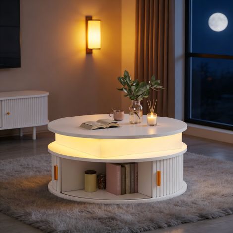 Table basse ronde blanche relevable 75 cm avec LED, rangement caché et 2 portes tambour, plateau brillant, en MDF (1/5)
