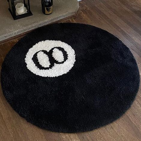 Tapis noir, tapis à motifs de boules de billard, tapis noir doux et moelleux à motifs de boules de billard (8-Ball), tapis rond noir pour salon (60 x 60 cm) (1/3)