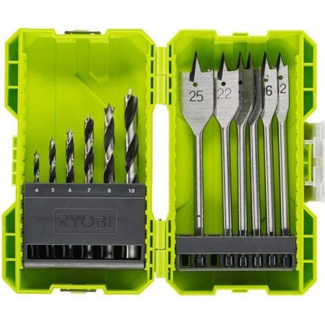 RYOBI - Cofre apilable de perforación en madera 12 accesorios (6 brocas + 6 puntas planas) - RAK12SWD