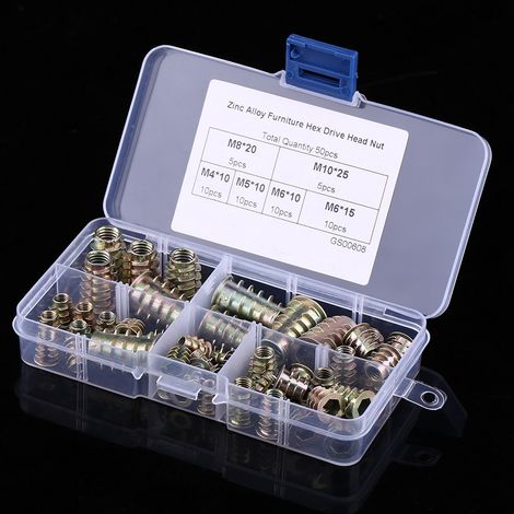 Assortiment de 50 écrous à sertir hexagonaux en alliage de zinc M4/M5/M6/M8/M10 (1/5)