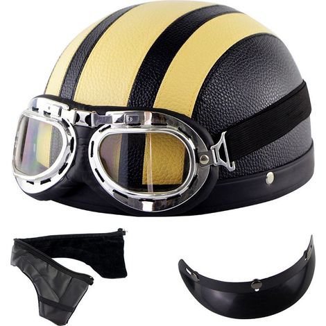 Ecleanfy - Ensemble noir et jaune Demi-casque moto vintage en cuir avec lunettes (1/3)