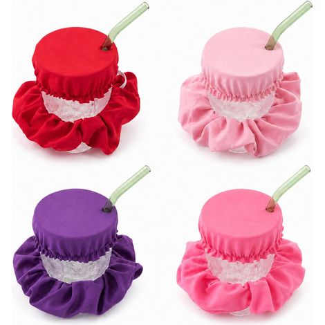 4 Pièces Protege Verre Anti-Goutte En Scrunchies, Couvercle Élastique Réutilisable, 4 Couleurs (Rouge, Rose Ancré, Violet, Rose Vif), Avec Trou Pour Paille, Idéal Pour Soirées, Bars, Festivals (1/5)