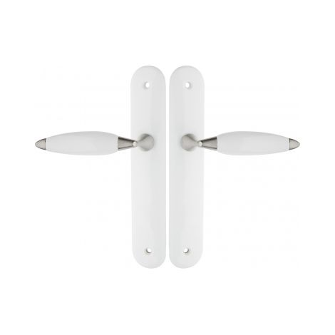 Ouvre&Déco – Poignées de porte ATHENA sans trou – 2 pièces en porcelaine blanche – Entraxe 195 mm – Finition zamak nickel mat