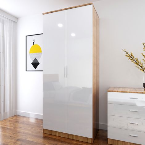 ELEGANT Modern High Gloss Soft Close 2 Doors Wardrobe with Metal Handles Includes a removable hanging rod and storage shelves, White/Oak (1/5)