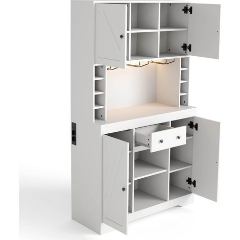 Hoher weißer Küchenschrank mit Glashalter, LED, Steckdosen, Schublade und verstellbaren Böden (1/5)