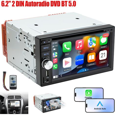 Autoradio stéréo 2 DIN, lecteur CD/DVD, Carplay, Android Auto, Bluetooth, USB, BT, AUX (1/5)