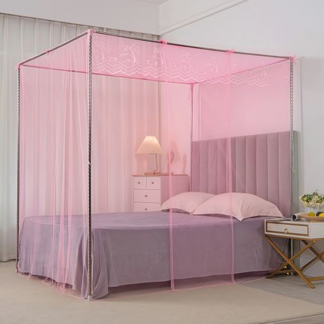 Baldacchino da letto 150x200 cm con bordo in pizzo e supporto per zanzariera — Rete anti-insetti a maglia ultra-fine (con telaio), Rosa