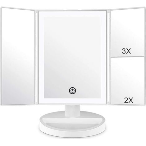 Miroir de Maquillage avec Éclairage LED et Écran Tactile, Grossissement 1X/2X/3X, Rotation Réglable à 180 °, Miroir de Comptoir à Piles et Alimenté par USB (Blanc) (1/5)