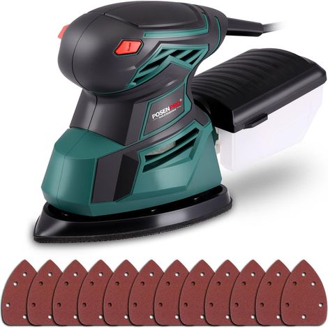 Ponceuses de Détail, 130W Ponceuse Electrique 13500 tr/min, Ponceuse Triangulaire avec Dépoussiéreur et 12 Abrasifs, Ponceuse Bois Parfaite pour les Bois et Acier (1/5)