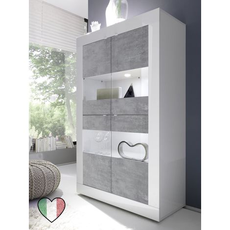 Credenza Vetrina 4 ante Bianco lucido / Cemento con inserti in vetro - Basic (1/4)