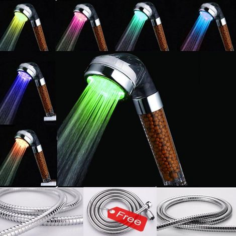 Duschkopf mit Schlauch, 7 farbwechselnde LEDs, hoher Wasserdruck, Temperaturregelung, Wasserenthärter (1/5)